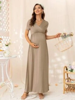 DEARCASE Maternity Solid Surplice Neck Dress -Curated Swimwear 16838072383e410650c11c1605fee1899cdfeba6c0 thumbnail 405x552
