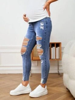 SHEIN Maternity Wideband Waist Ripped Raw Hem Skinny Jeans