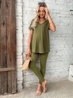 SHEIN Maternity Solid V Neck Tee & Adjustable Waist Leggings -Curated Swimwear 168386884898057c667d772b92c7d841baba01e4cd thumbnail 405x552