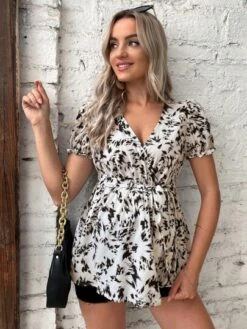 SHEIN Maternity Allover Print Puff Sleeve Belted Peplum Blouse -Curated Swimwear 1683868850d4091f872173b6eac880e6088195241c thumbnail 405x552