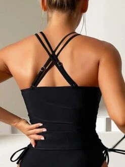 Drawstring Side Criss Cross Backless Tankini Top