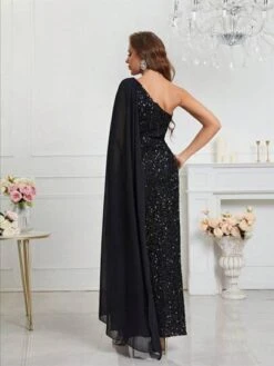 One Shoulder Split Thigh Sequin Formal Dress