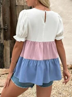 SHEIN Maternity Colorblock Puff Sleeve Peplum Blouse