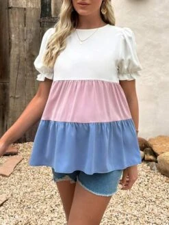 SHEIN Maternity Colorblock Puff Sleeve Peplum Blouse -Curated Swimwear 168390137955ba9a95bc15952866fdd44a791d0bbf thumbnail 405x552