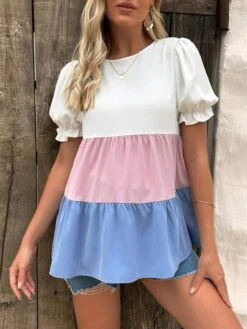 SHEIN Maternity Colorblock Puff Sleeve Peplum Blouse -Curated Swimwear 16839013821b99de1edbcfabc3fec5ba2d84154c24 thumbnail 405x552