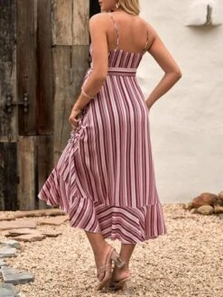 SHEIN Maternity Striped Print Ruffle Hem Belted Cami Dress