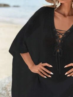 SHEIN Solid Lace Up Front Split Thigh Cover Up Dress