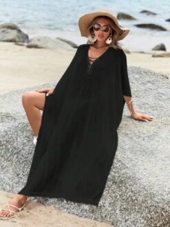 SHEIN Solid Lace Up Front Split Thigh Cover Up Dress -Curated Swimwear 1684115326f672d3513a55b187e275827db8e6454b thumbnail 405x552