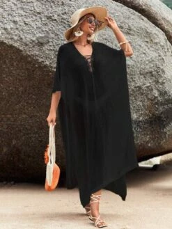 SHEIN Solid Lace Up Front Split Thigh Cover Up Dress -Curated Swimwear 1684115334b2583f342f2d472d904a90d97cd65df8 thumbnail 405x552