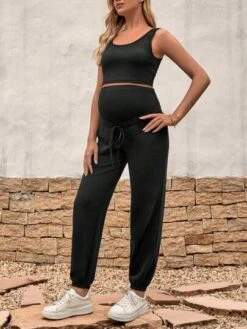 SHEIN Maternity Solid Crop Tank Top & Adjustable Waist Sweatpants -Curated Swimwear 1684115560bc769d4a21e511073f82659410d12ce7 thumbnail 405x552