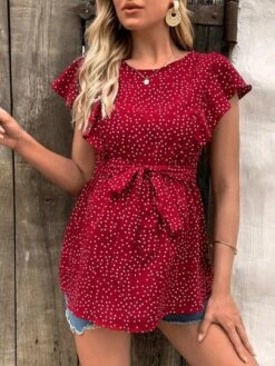 SHEIN Maternity Polka Dot Print Butterfly Sleeve Belted Nursing Blouse -Curated Swimwear 168411565255545d22706ebd9a422d06b150da6740 thumbnail 405x552