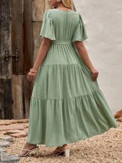 SHEIN Maternity Swiss Dot Butterfly Sleeve Ruffle Hem Belted Dress