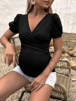 SHEIN Maternity Cross Wrap Front Puff Sleeve Nursing Tee -Curated Swimwear 16841350032fb04e870750f34a39f1186bdc584485 thumbnail 405x552