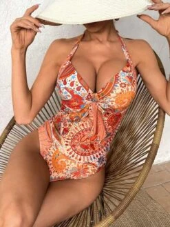 SHEIN DD+ Floral Print Push Up Halter Bikini Swimsuit