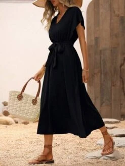 SHEIN LUNE Solid Belted A-line Dress -Curated Swimwear 1684374562ca6ba0bba20524dcd05626907f3f34e8 thumbnail 405x552