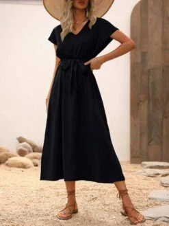 SHEIN LUNE Solid Belted A-line Dress -Curated Swimwear 1684374565c3c24157bfce5e57eeced516141c4338 thumbnail 405x552