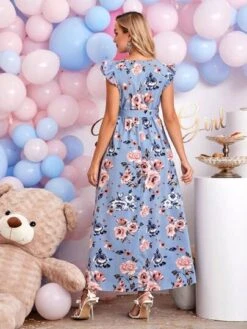 SHEIN Maternity Floral Print Ruffle Trim Belted Dress