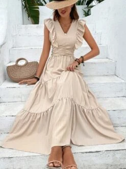 SHEIN VCAY Solid Ruched Ruffle Hem Dress -Curated Swimwear 16845743488a8c37a712a4fd53f79343ca2931bb40 thumbnail 405x552