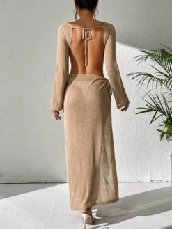 Cut Out Knot Side Split Thigh Cover Up Dress Without Bikini Set