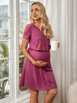 SHEIN Maternity Solid Nursing Detail Tee Dress -Curated Swimwear 1684738375c4202d2d70c63a20b2ab310671fda677 thumbnail 405x552