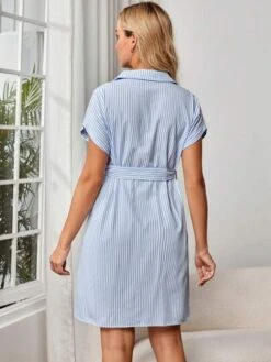 SHEIN Maternity Striped Print Belted Shirt Dress