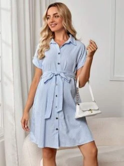 SHEIN Maternity Striped Print Belted Shirt Dress -Curated Swimwear 16847384018082462c6edbf12597d7dadd09af5dee thumbnail 405x552