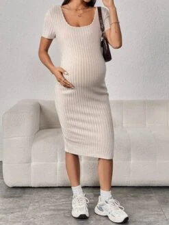 SHEIN Maternity Ribbed Knit Split Dress -Curated Swimwear 1684829037e341048918481e769c4e9b30b6e99be5 thumbnail 405x552