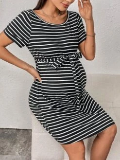SHEIN Maternity Striped Print Belted Dress -Curated Swimwear 1684837870ebc6358aaac993b26f1be5159fa2815b thumbnail 405x552