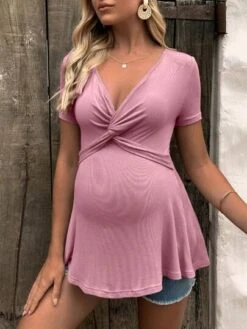 SHEIN Maternity Twist Front Solid Tee -Curated Swimwear 1684839541330cfd9fc3f90193c5e827f2d1ddbd1b thumbnail 405x552