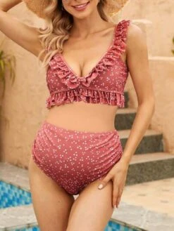 SHEIN Maternity Polka Dot Print Ruffle Trim Bikini Swimsuit -Curated Swimwear 168506513513b84228b66a9e32f8ef257aacd34b40 thumbnail 405x552