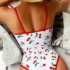 Cherry Print Tie Shoulder One Piece Swimsuit