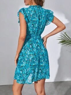 SHEIN Tall Allover Floral Print Ruffle Trim Shirred Waist Dress