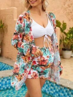 SHEIN Maternity 3pcs Tropical Print Drawstring Bikini Swimsuit With Kimono -Curated Swimwear 16853381847d616e33b57045aeb83af9df6827a055 thumbnail 405x552