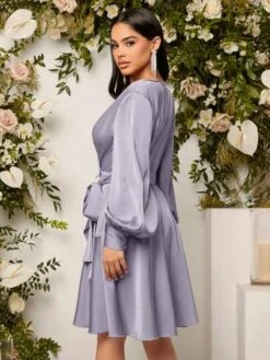 SHEIN Belle Lantern Sleeve Ruffle Trim Wrap Hem Belted Satin Dress