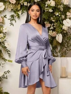 SHEIN Belle Lantern Sleeve Ruffle Trim Wrap Hem Belted Satin Dress -Curated Swimwear 16854140431f3f5bcd97b2c5ef84822db69489faae thumbnail 405x552
