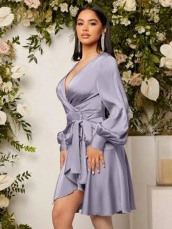 SHEIN Belle Lantern Sleeve Ruffle Trim Wrap Hem Belted Satin Dress -Curated Swimwear 1685414046e382174320fc5cc658ea8a7afbb03f6e thumbnail 405x552