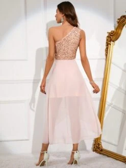 SHEIN BAE One Shoulder Contrast Sequin Wrap Hem Dress