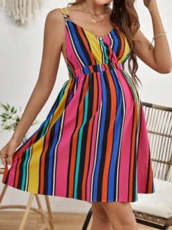 SHEIN Maternity Striped Print Crisscross Backless Cami Dress