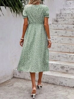 SHEIN LUNE Ditsy Floral Print Puff Sleeve Ruffle Hem Dress