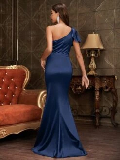 MUXXN One Shoulder Knot Detail Split Thigh Formal Dress