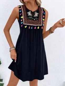 SHEIN VCAY Floral Embroidery Tassel Trim Sleeveless Dress -Curated Swimwear 1686191390610994a60868377e8e011a2784390559 thumbnail 405x552