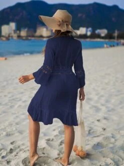 Guipure Lace Insert Flounce Sleeve Ruffle Hem Tie Front Kimono