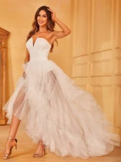 Mesh Insert Ruffle Trim Split Thigh Tube Formal Dress -Curated Swimwear 16865342472222cea8cab55146b42a8be0f50f80ca thumbnail 405x552