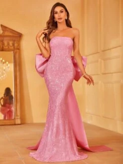 Contrast Sequin Mermaid Hem Tube Formal Dress With Big Bow -Curated Swimwear 1686534272c6687b565e1ddd4aa39e0b4a69b45b19 thumbnail 405x552
