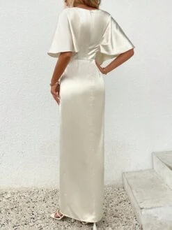 SHEIN Unity Plunging Neck Batwing Sleeve Ruched Wrap Hem Satin Dress