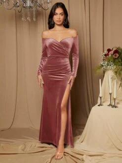 SHEIN Belle Off Shoulder Ruched Split Thigh Velvet Bridesmaid Dress -Curated Swimwear 1686626101f8c0152fc386fb2ec7769351ae25a8d6 thumbnail 405x552