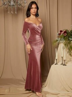 SHEIN Belle Off Shoulder Ruched Split Thigh Velvet Bridesmaid Dress -Curated Swimwear 1686626106e4e7549191b2468f123edb8b9a55942e thumbnail 405x552