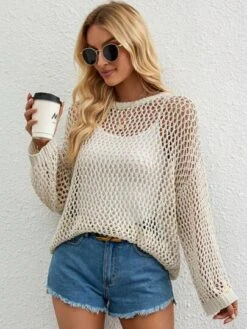 SHEIN Essnce Hollow Out Drop Shoulder Open Knit Cover Up Without Cami Top -Curated Swimwear 1686710136977ee77d579b76d33a380e32c3d94c23 thumbnail 405x552