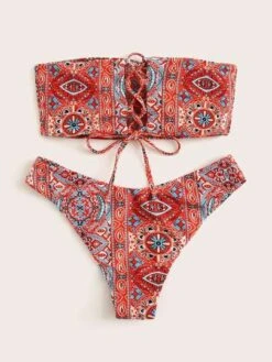 Tribal Print Bandeau Bikini Swimsuit