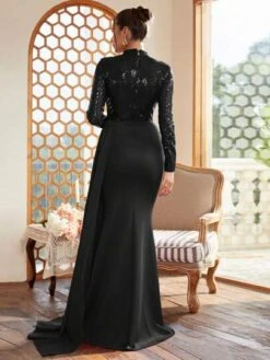 Missord Mock Neck Sequin Decor Floor Length Formal Dress